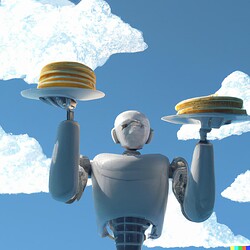 DALL·E 2023-11-02 20.17.00 - 3d render of a male Marvin the Robot floating in a blue sky with white puffy clouds, while holding a short stack of pancakes while sunlight shines on